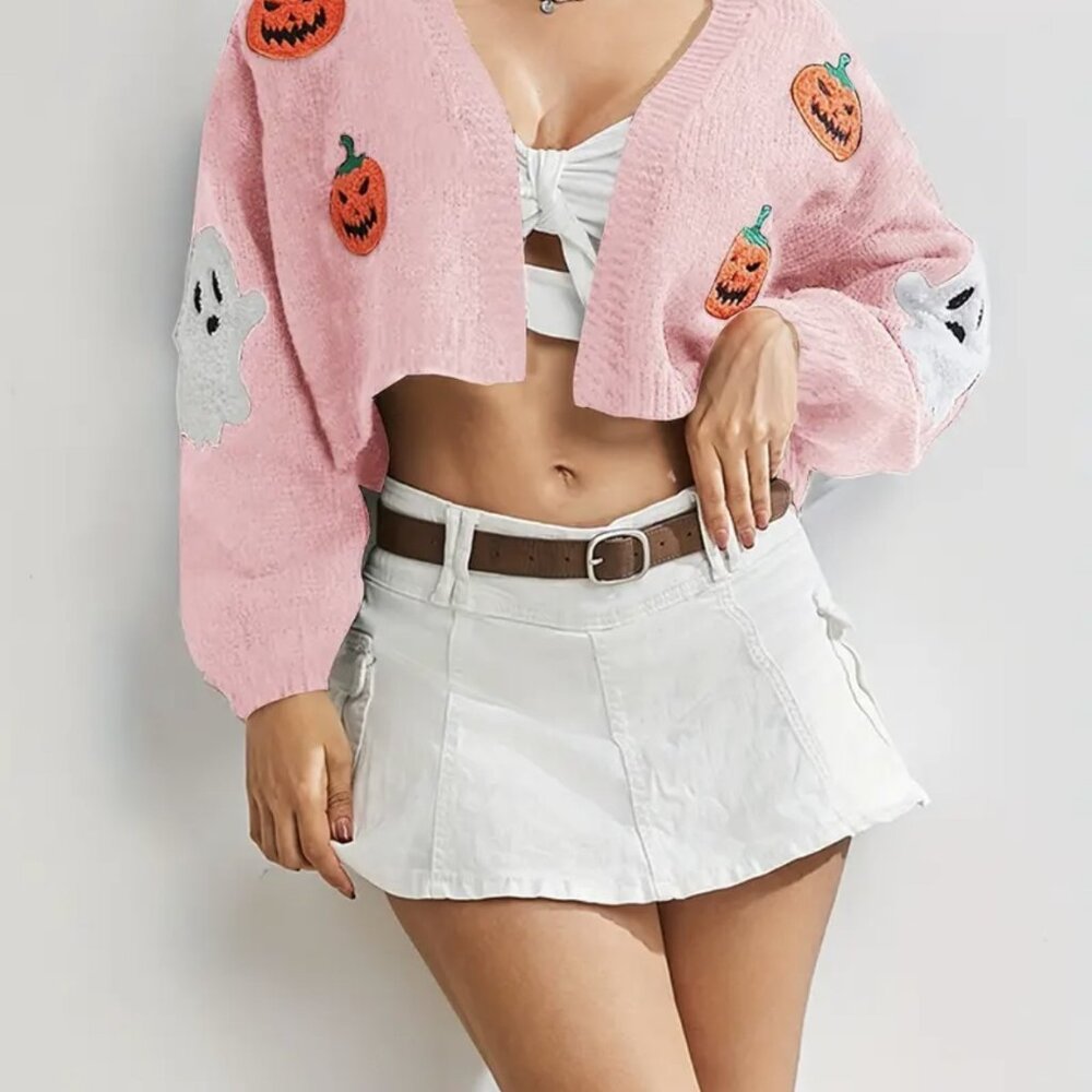 Cropped Pink Halloween Pumpkin & Ghost Cardigan Sweater